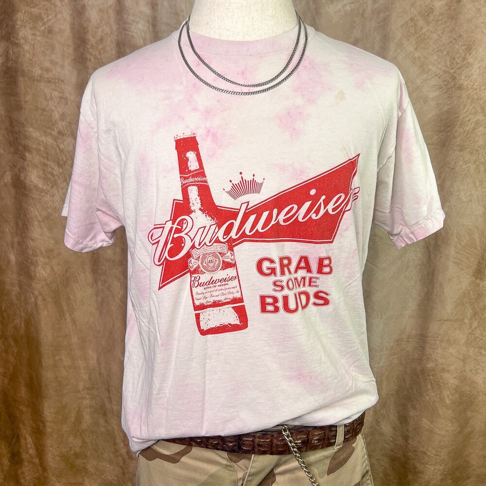 Vintage Budweiser T-Shirt 90s Tie Dye Graphic Tee Grab Some Buds Pink Streetwear